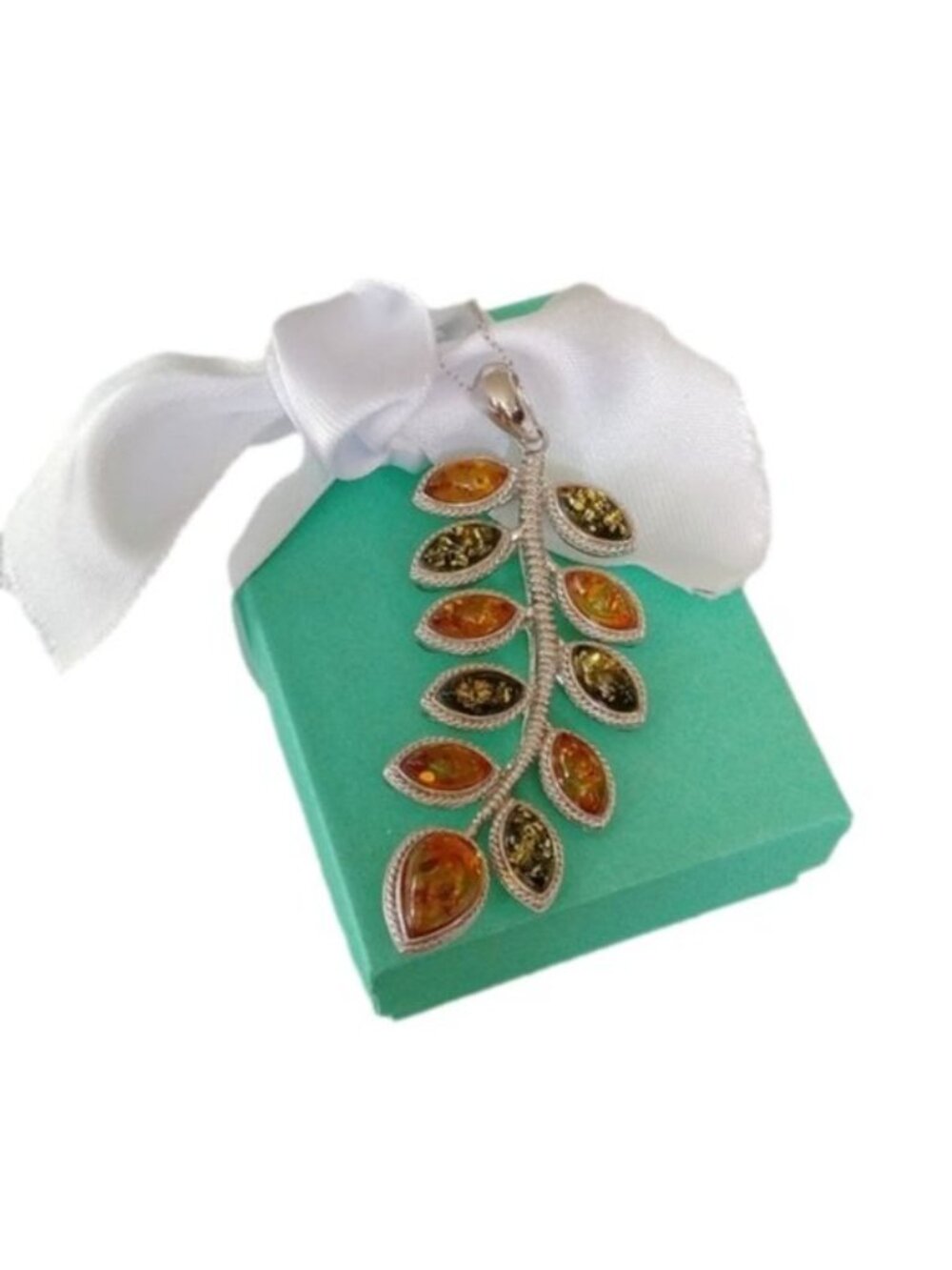 Sterling Silver+ Baltic Amber Leaf Pendant on 19" Chain Necklace